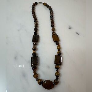 Tiger’s Eye Gemstone Necklace 20” Brown Statement Beaded Natural Stone
